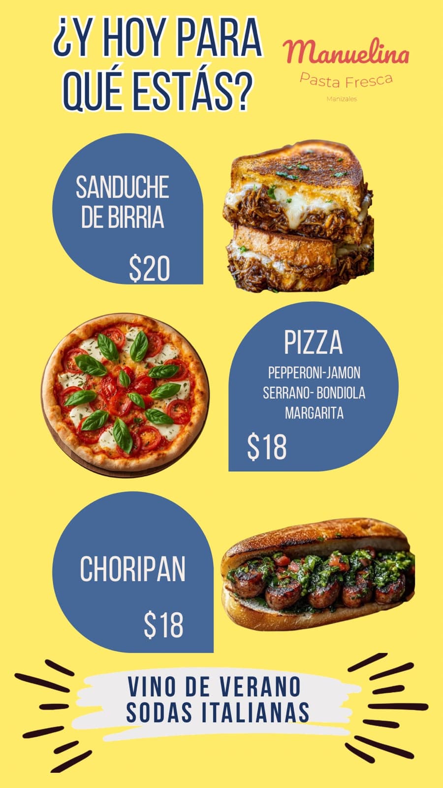 Menú de Manuelina en la feria: sánduche de birria, pizza y choripán